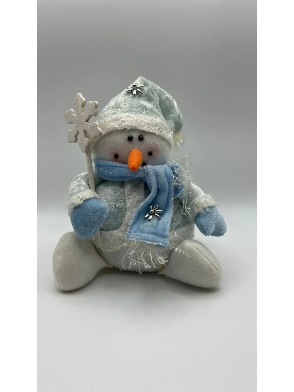 Plush Snowman Winter Decor With Blue Scarf & Sparkling Details